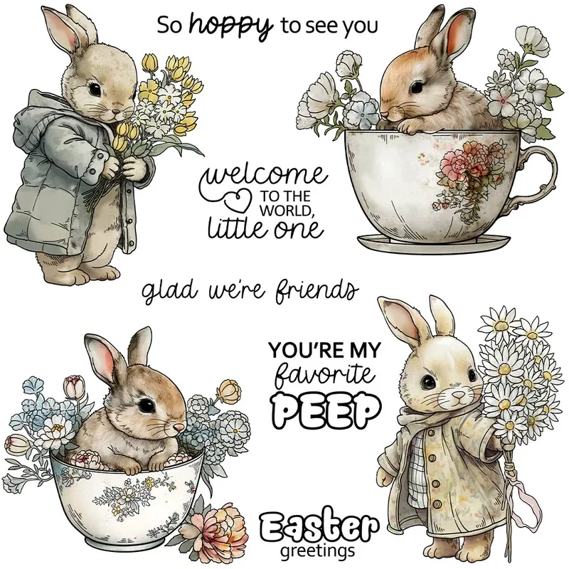 

Cute Easter Rabbits In Cups Cutting Dies Clear Stamp Spring Day DIY Scrapbooking Metal Dies Silicone Stamps For Cards