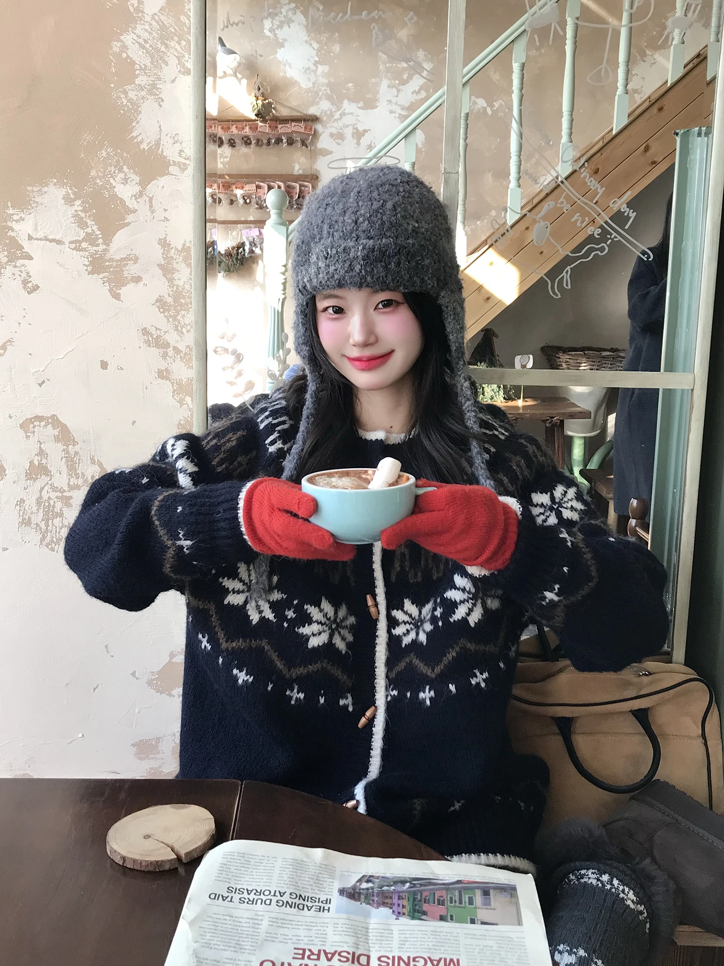 

Retro Fair Isle Knitted Sweater Women's Winter Loose Fit Cardigan Lazy Pattern Embroidery Thi Outerwear Straight Tube Sle
