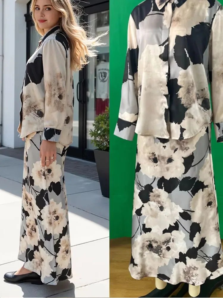 

2025 женский комплект юбки, синяя рубашка с длинным рукавом с цветочным принтом + длинная юбка «рыбий хвост» на пуговицах, свободная повседневная пляжная праздничная стиль