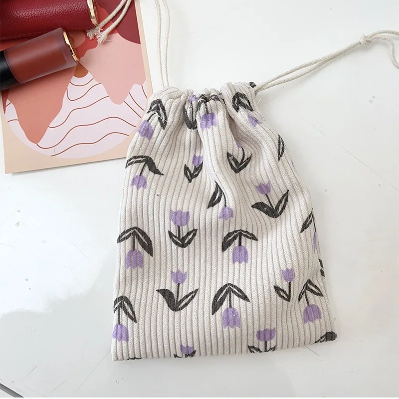 Small Floral Print Cosmetic Storage Drawstring Bag Mini Drawstring Makeup Lipstick Bag Cloth Travel String Bag Pouch for Woman