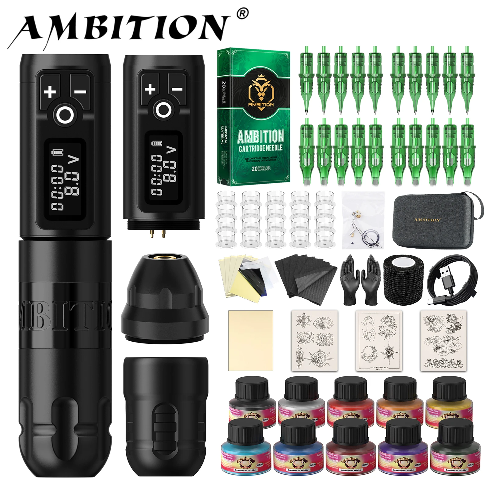 

Ambition Soldier Set Wireless Tattoo Machine Pen Kit Power Supply 2400mAh Coreless Motor Tattoo Gun Tattoo Mixed Cartridge