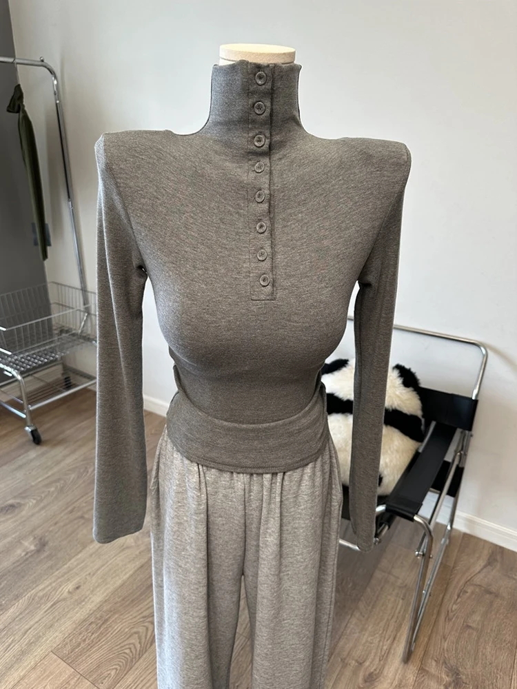 

Zadily зимняя женская водолазка на пуговицах спереди с подкладкой на плечах, облегающая эластичная базовая футболка с длинными рукавами, несколько цветов