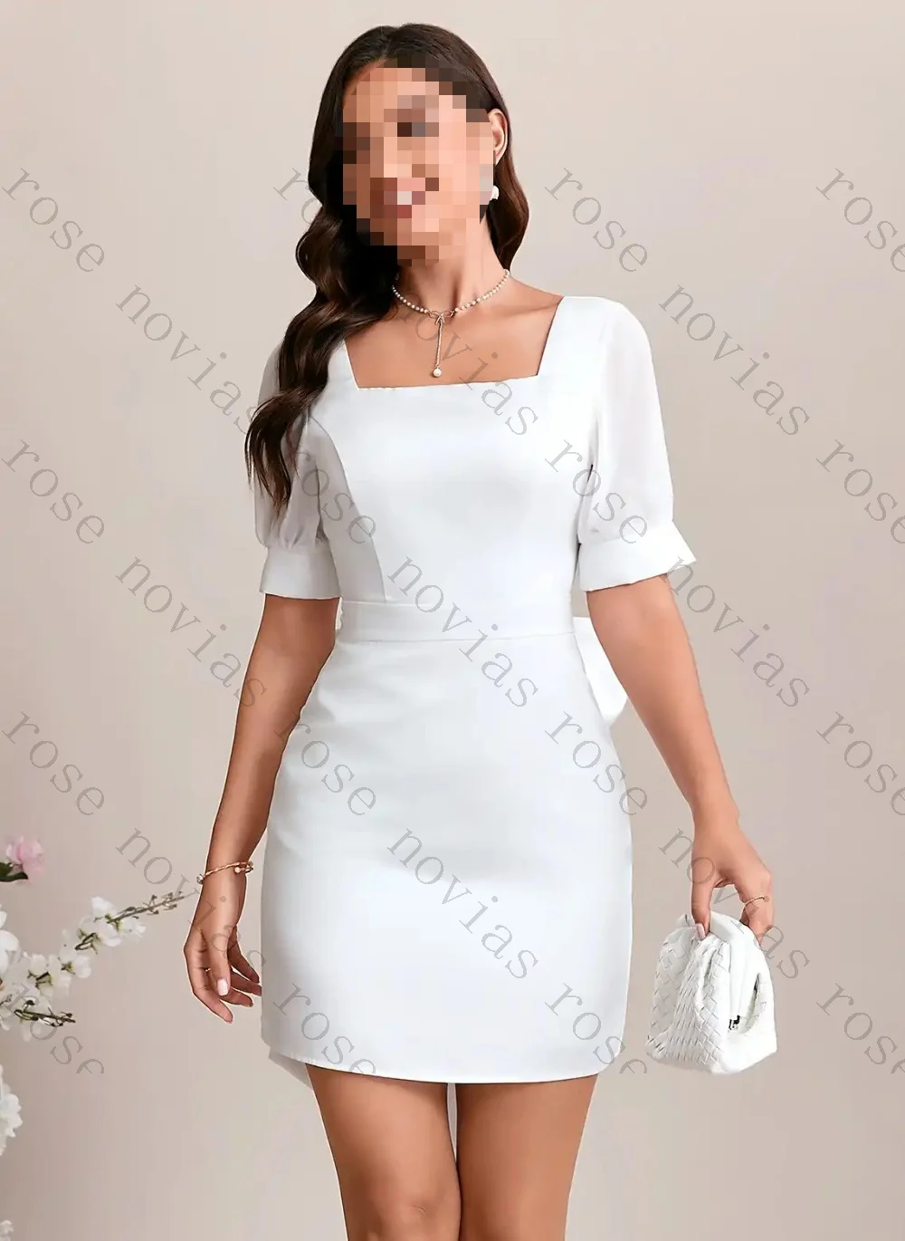 Customized Satin Square Neck Short Sleeved Mini Wedding Dress Slim Fit with Bow Tie At The Back Suitable for Cocktail Parties