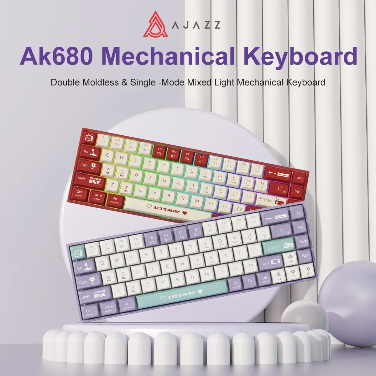 Ajazz ak680 teclado mecânico com fio arco-íris luz abs keycap 68 teclas teclado gamer troca quente junta personalizada para computador portátil