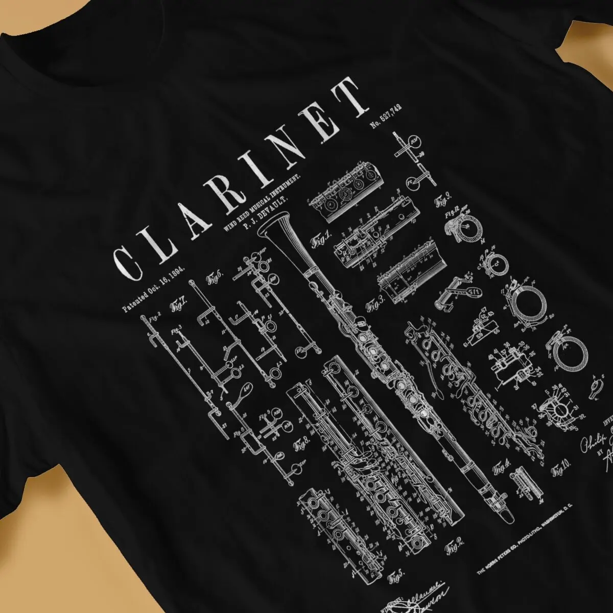 Clarinet Vintage Patent Clarinetist Drawing Hip Hop TShirt Music Art Casual Polyester T Shirt Newest Stuff For Adult