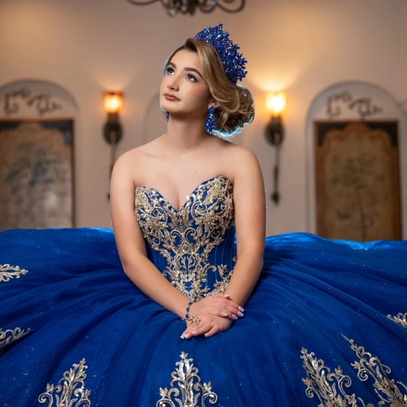 

Royal Blue Quinceanera Dresses Off the Shoulder Golden Glitter Decal Layering Long tail Bow Vestidoe 15 Quinceanera Customize