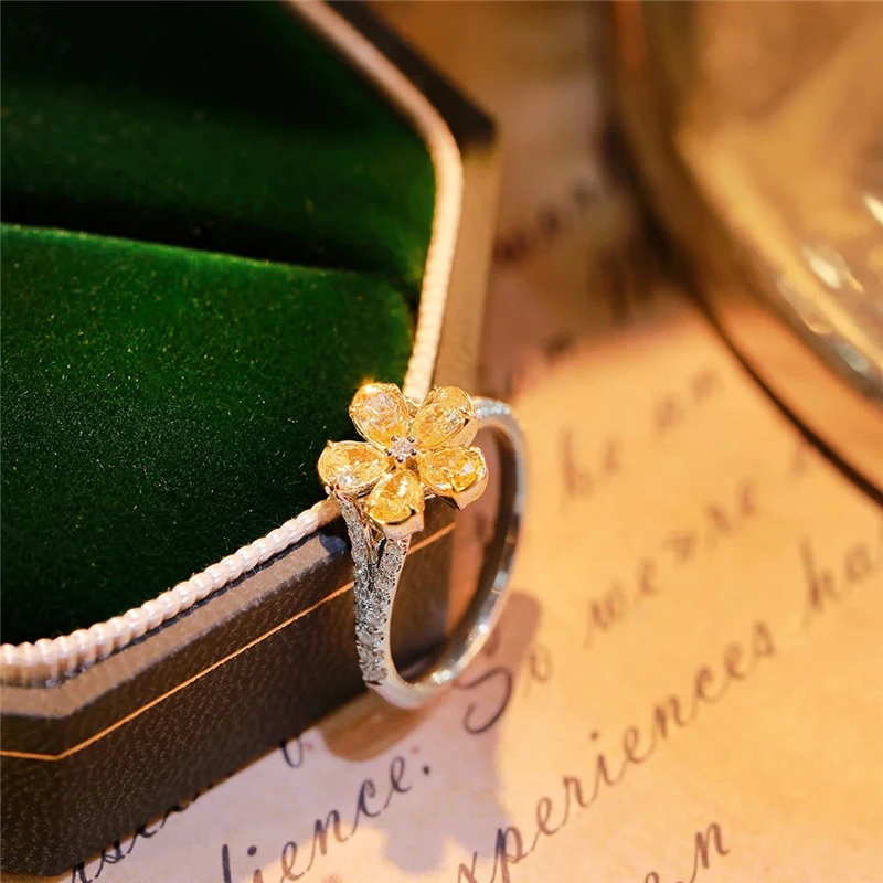 French Women's Retro Fashion Yellow Gemstone Flower Closed Ring Ring Commuting Shopping Dating Party Necessary Silver Jewelry