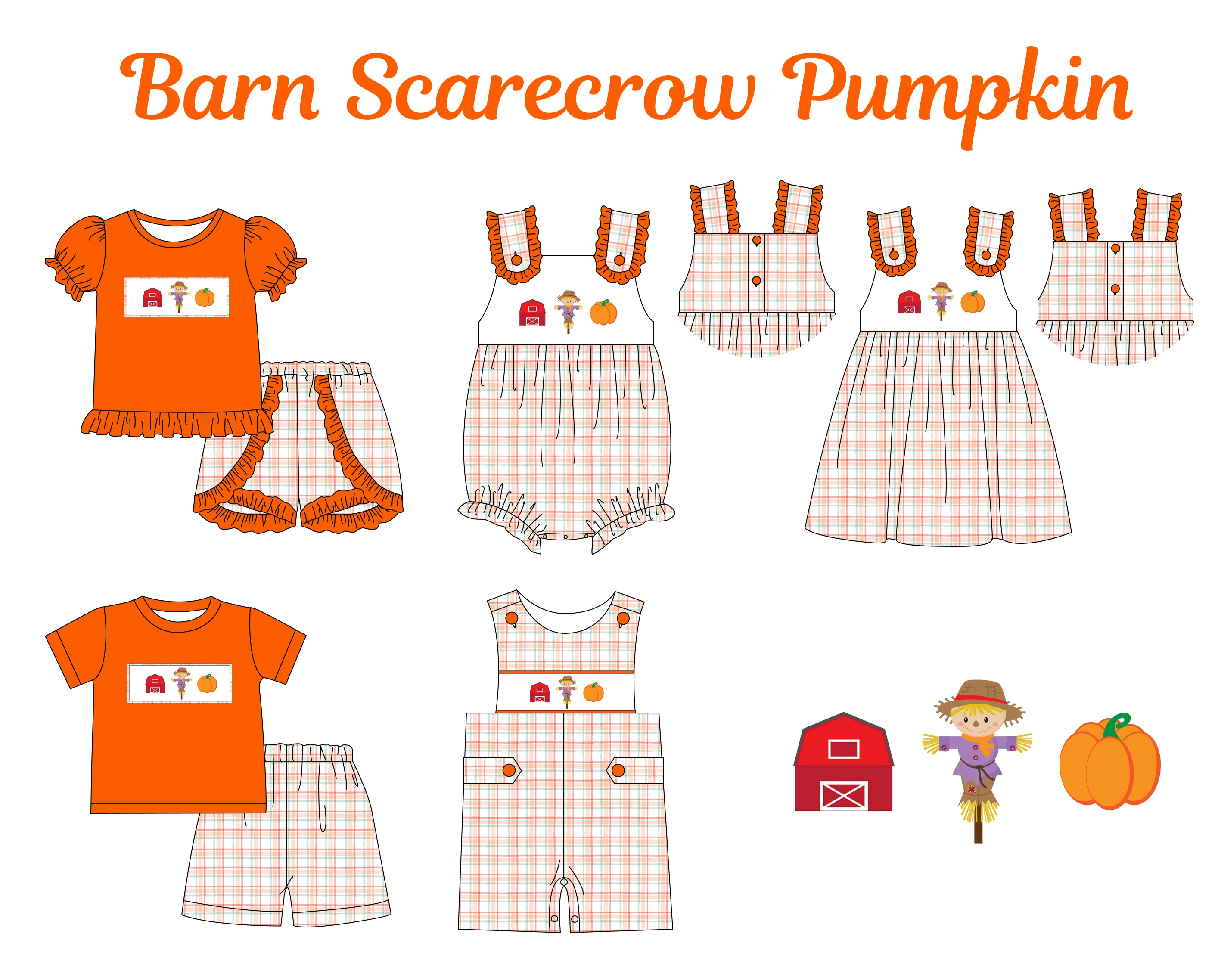 

Boutique Baby Short Sleeve T-shirt Set Round Neck Scarecrow And Pumpkin Embroidery Pattern Boy Orange Top Clothes Set Romper