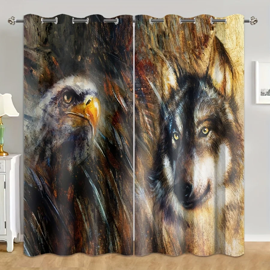 

Wild Animal Wolf Print Curtain for Bedroom Living Room Floor-to-ceiling Window Kitchen Shutters Partition Door Grommet Top 2PCS