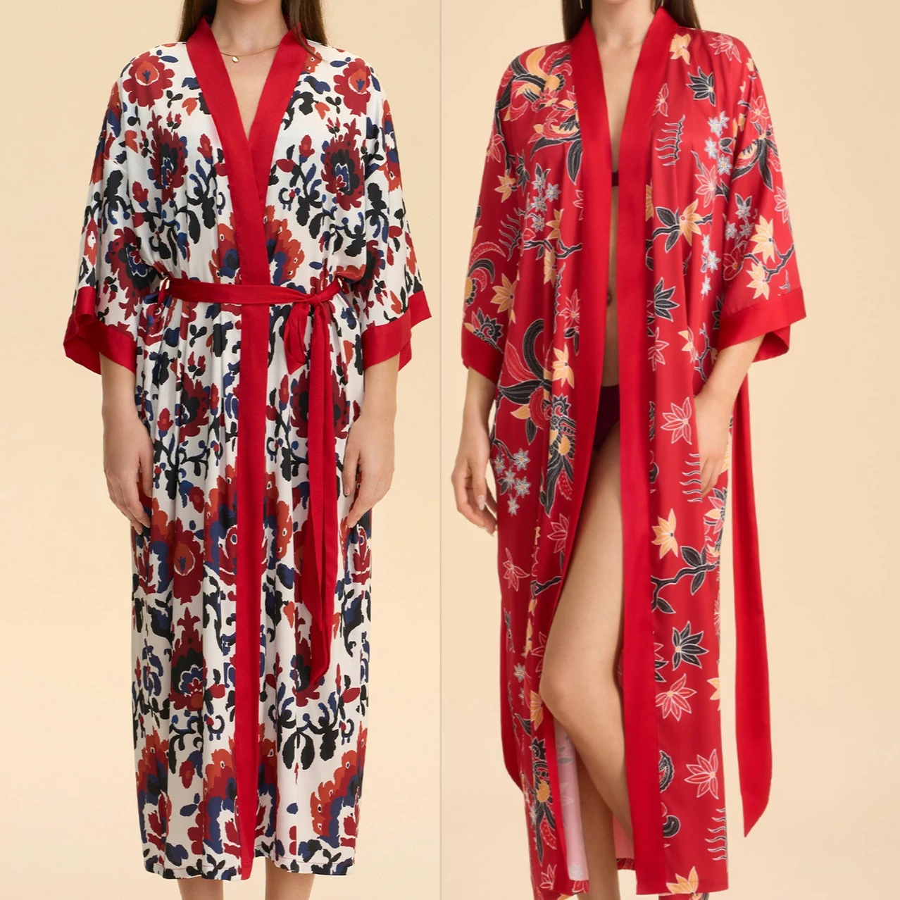 

Print Long Robe Dress V-Neck Women Kimono Bathrobe Gown Elegant Silky Satin Sleepwear Nighgown Loose Homewear Pajama