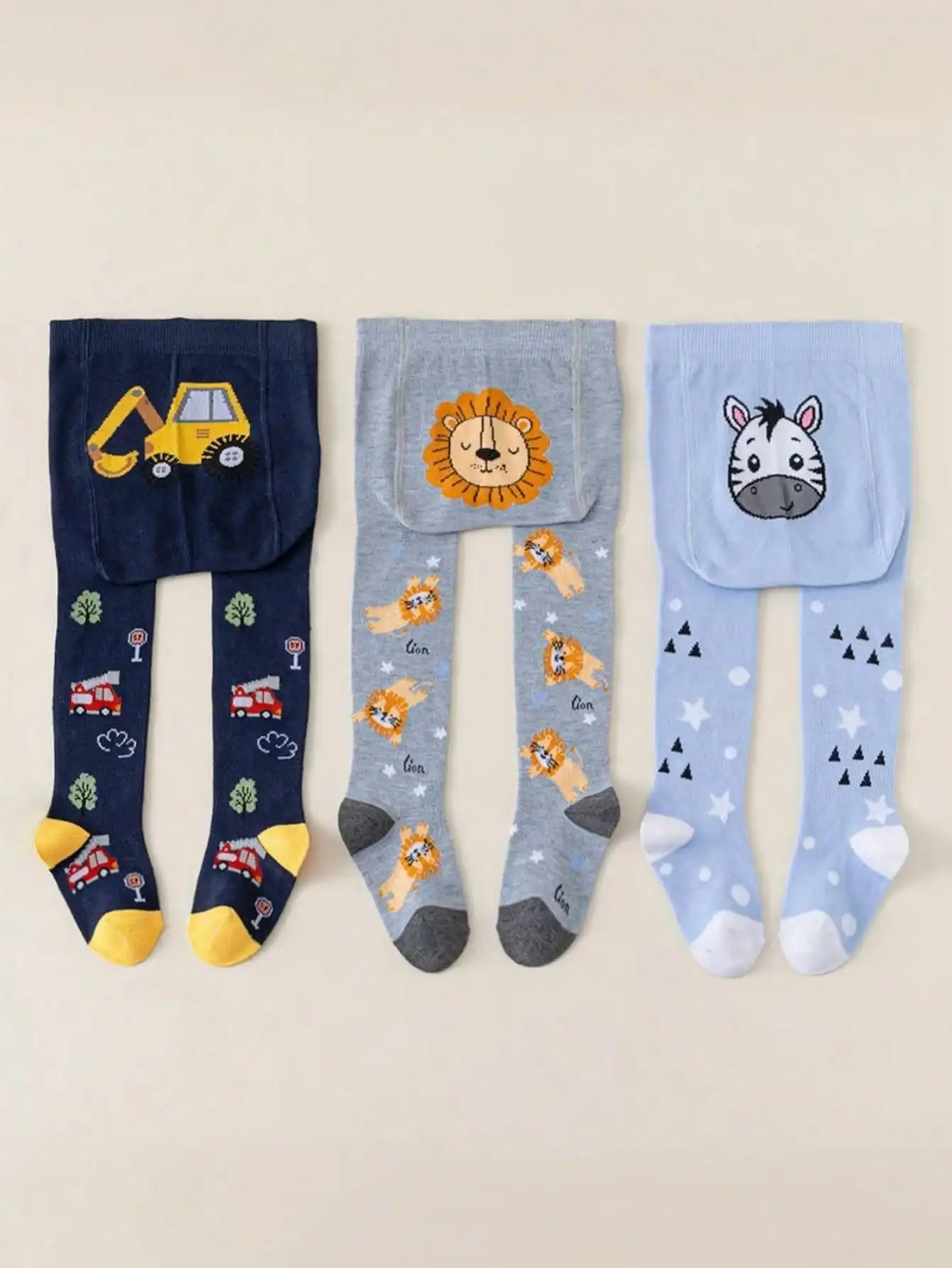 3-piece children's tights, soft and elastic with cute animals, cars and excavators, suitable for autumn and winter wear.