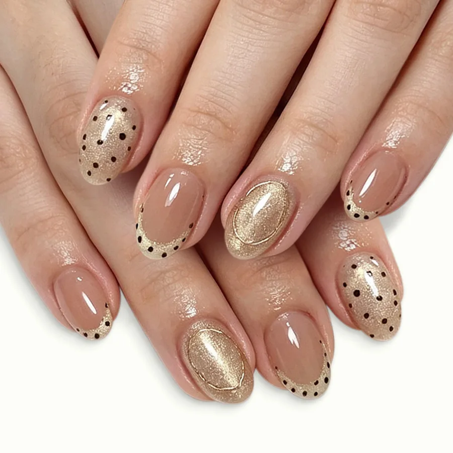 24 faux ongles français ovales courts simples avec paillettes, couverture complète, amovibles, motif pois, tête ronde, prêts à poser