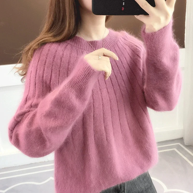 Cashmere Fluffy Knitting Sweater Long Sleeve Solid Color Crewneck Pullover Round Neck Loose Fit Sweater