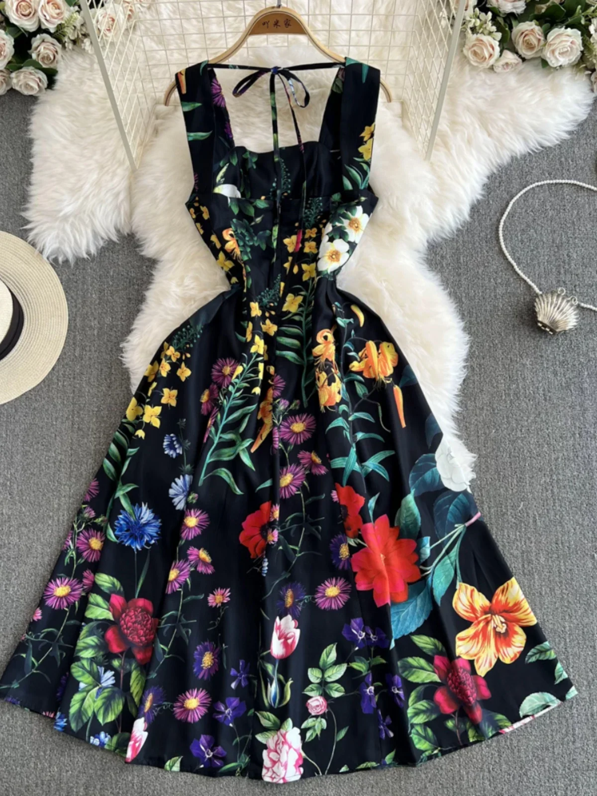 Retro Sommer Frauen Meer Urlaub gedruckt schlanke lange Kleid Geburtstag y2k Kleid schwarz Boho Kleid Vestidos