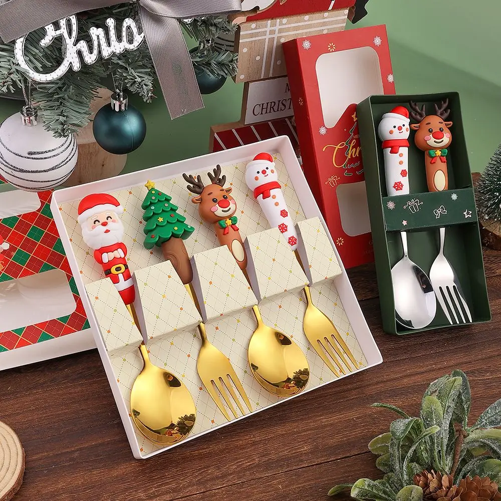 

Cartoon Christmas Big Round Head Spoon Fork Tableware Cartoon Coffee Spoon Christmas Gift Christmas Tree Gold Silver Gift Box