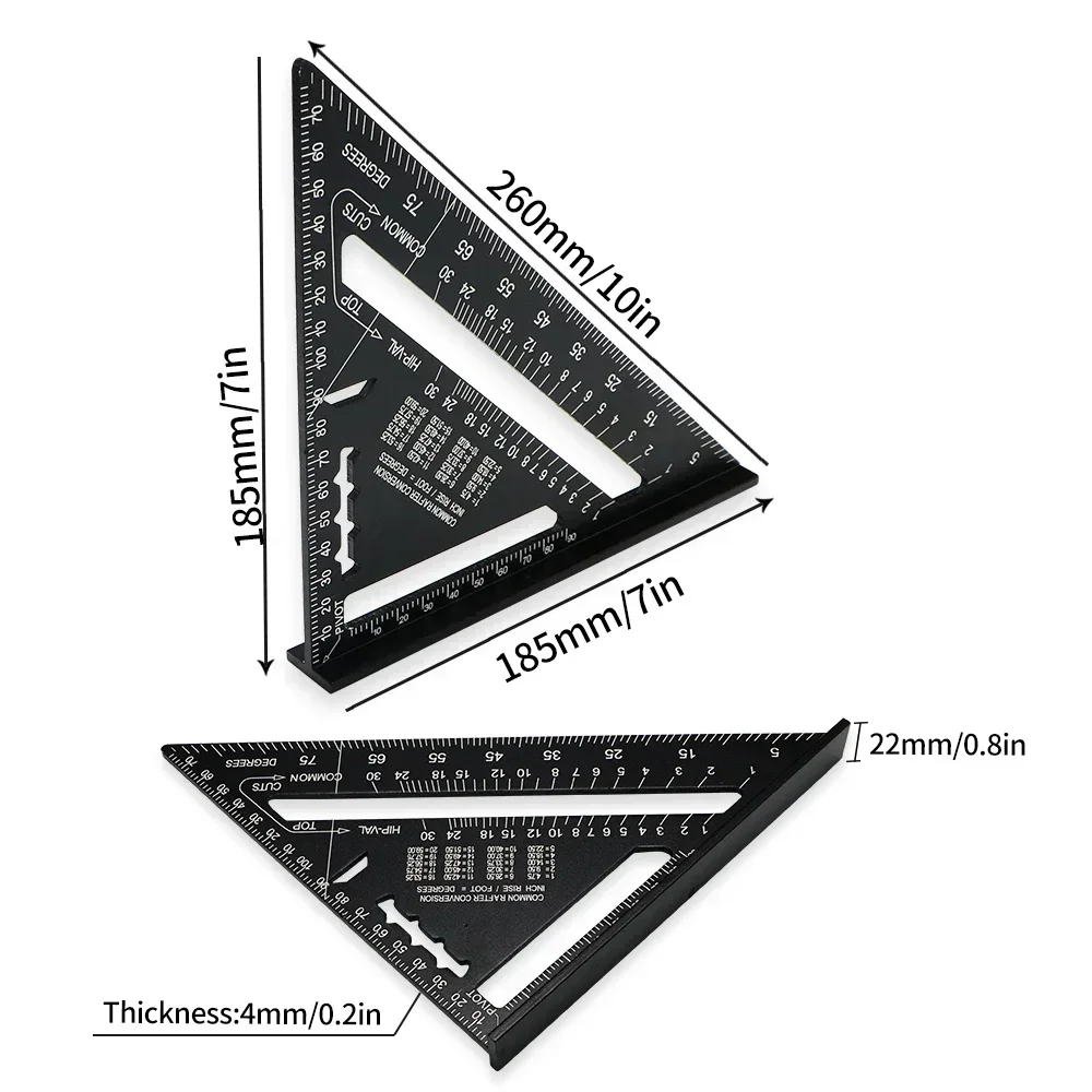 Righello triangolare da 7 pollici, goniometro angolare in lega di alluminio da 90 gradi, quadrato metrico per strumenti di incorniciatura di