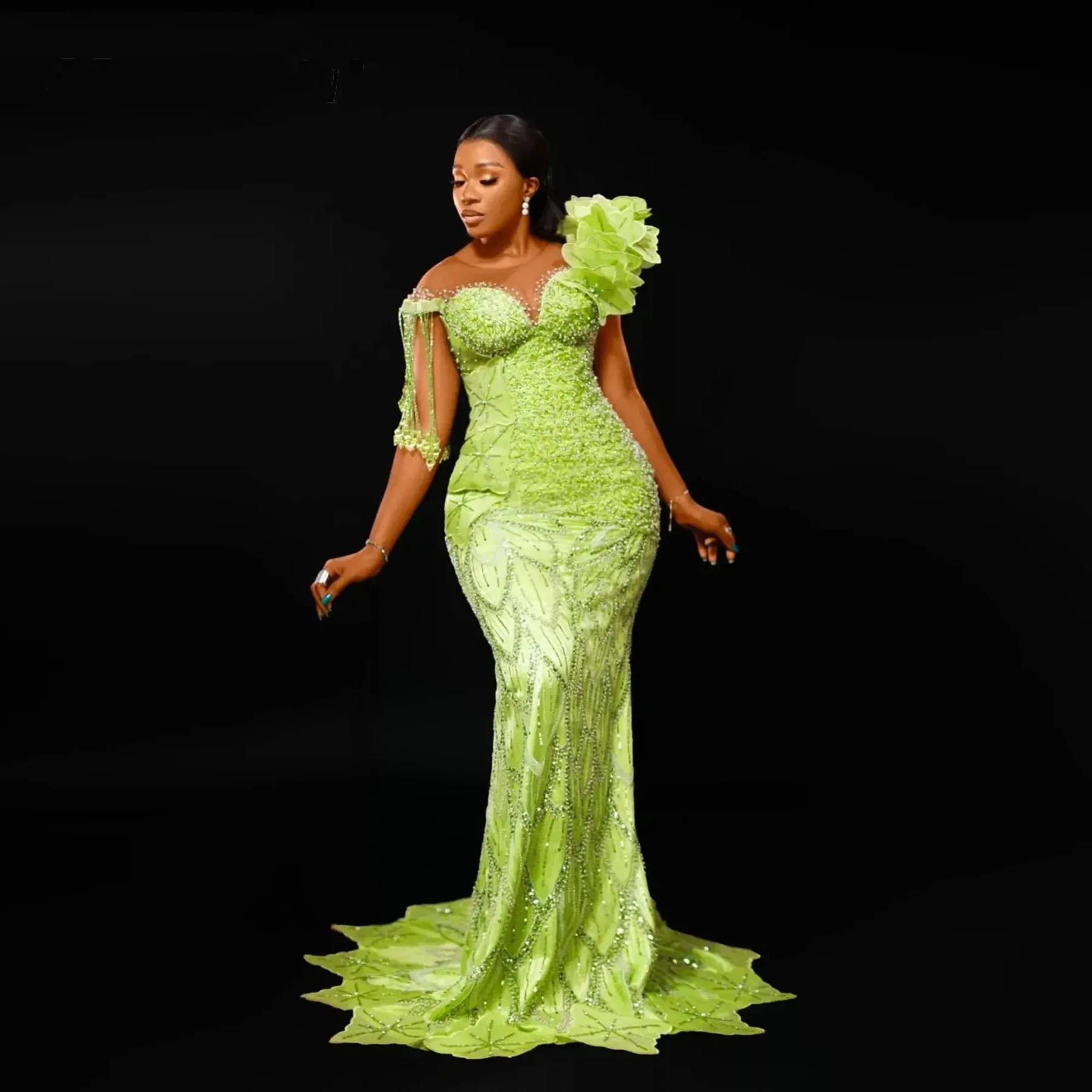 

Роскошное африканское женское платье для выпускного вечера Aso Ebi, элегантное вечернее платье русалки с бисером, свадебные платья с кисточками, флуоресцентно-зеленое