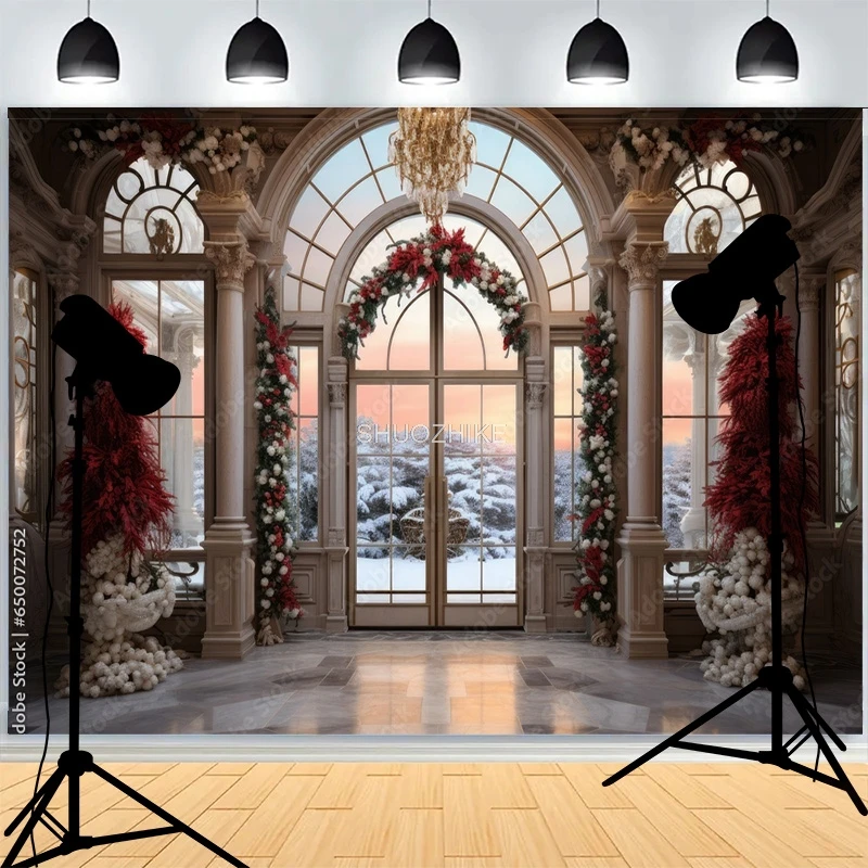 يوم عيد الميلاد Wreach ندفة الثلج خلفيات للتصوير الفوتوغرافي الباب الأمامي شتاء السنة الجديدة كوخ غرفة المعيشة الديكور خلفية DD-01