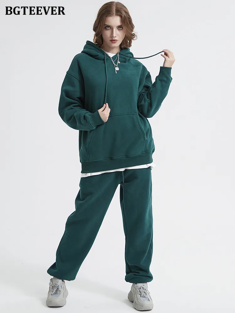 BGTEEVER Winter Thicken Fleece Two-Piece Sets Women Tracksuits Oversized Hooded and Harem Pants Solid Sweatshirts Suits Female