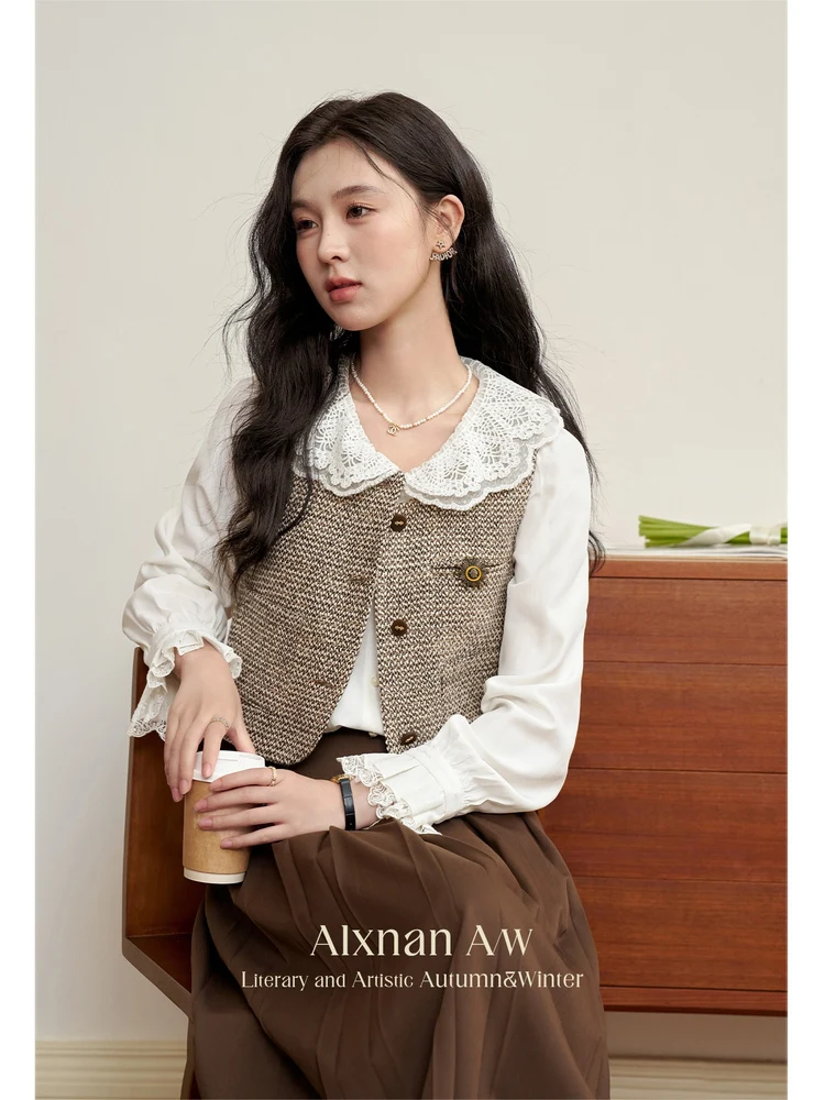 

ALXNAN Women's Vintage Brown Vest Woven Crew Neck Sleeveless Tops Fashion Elegant Office Casual Female Clothing L59313