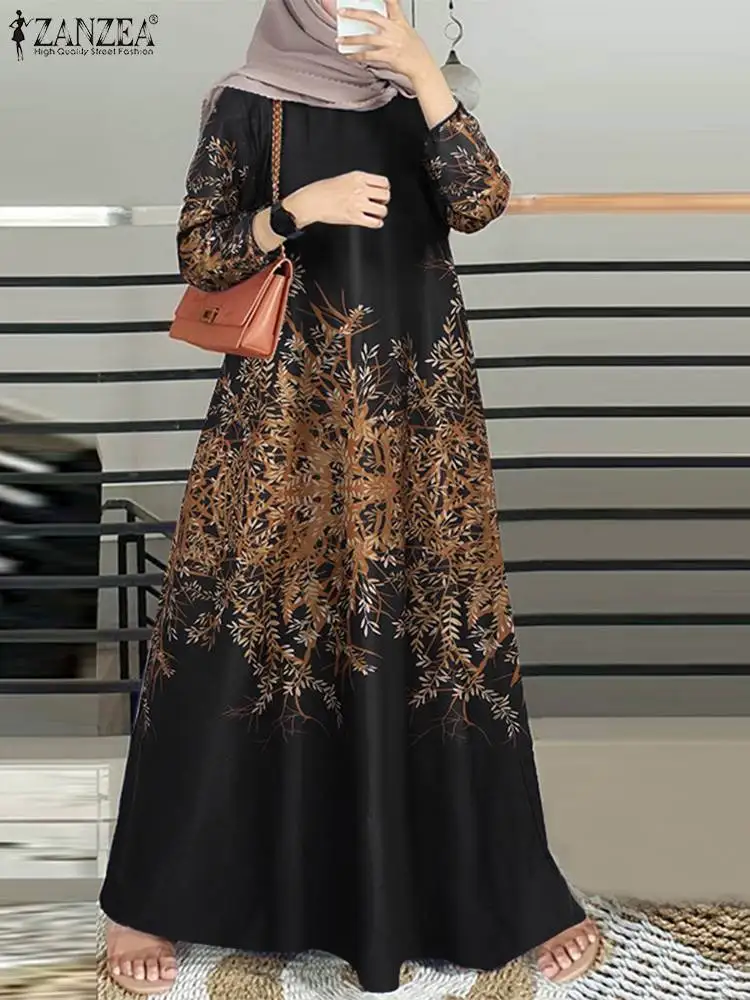 ZANZEA Vintage Women Spring Jilbab Islamic Clothing Marocain Eid Mubarek Sundress Long Sleeve Floral Printed Muslim Maxi Dress