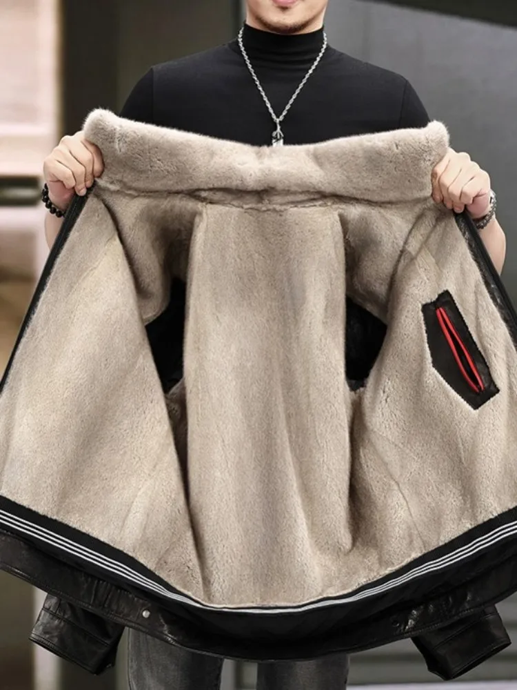 Fashion Leisure Zipper Turn Down Collar Genuine Leather Jacket Solid Color Pocket Slim Male Sheepskin Long Sleeves Outerwear - Image 5