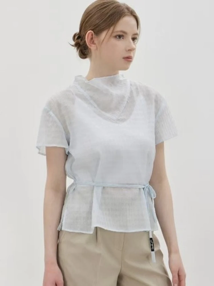 

Lightweight Casual Comfortable Korean Style Women's Shirt with Slits on Both Sides Stackable Collar Cotton Short Sleeve