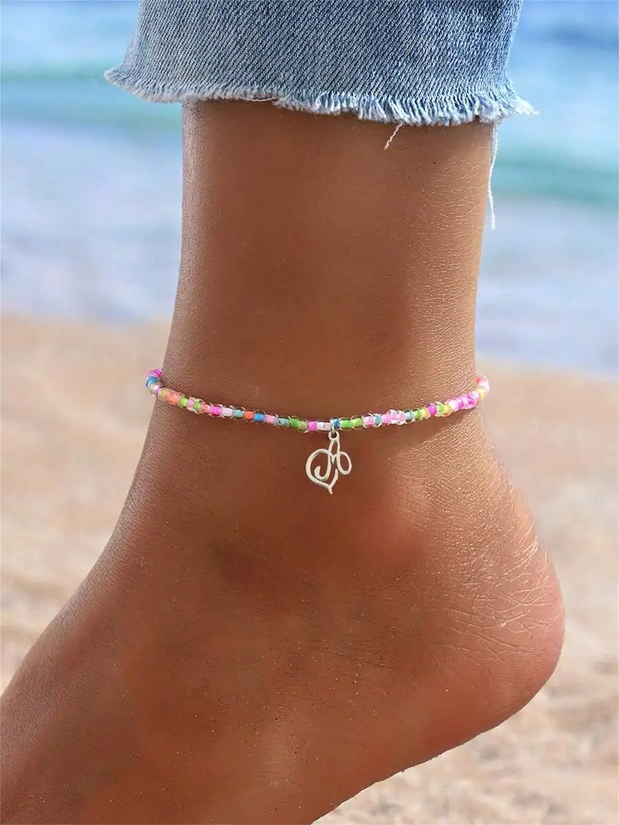 Colorful Beaded Elastic Anklet With Letter Charm For Women Summer Jewelry