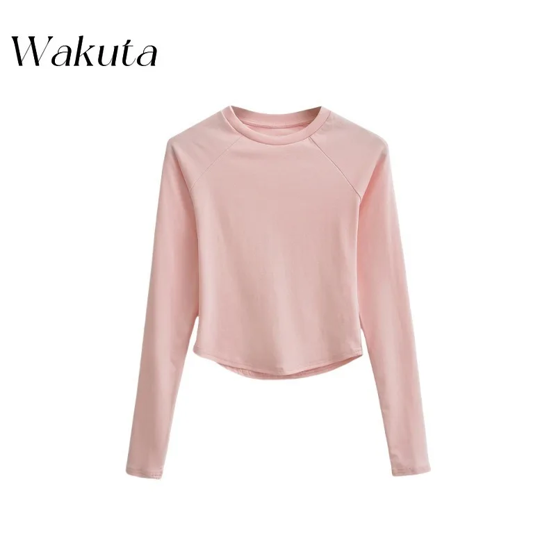 WAKUTA American Classic Round Neck Plunge Long Sleeve Bottom Shirt Casual Stretch Slim Solid Color Hem Curved Tees Pro Choice image 6