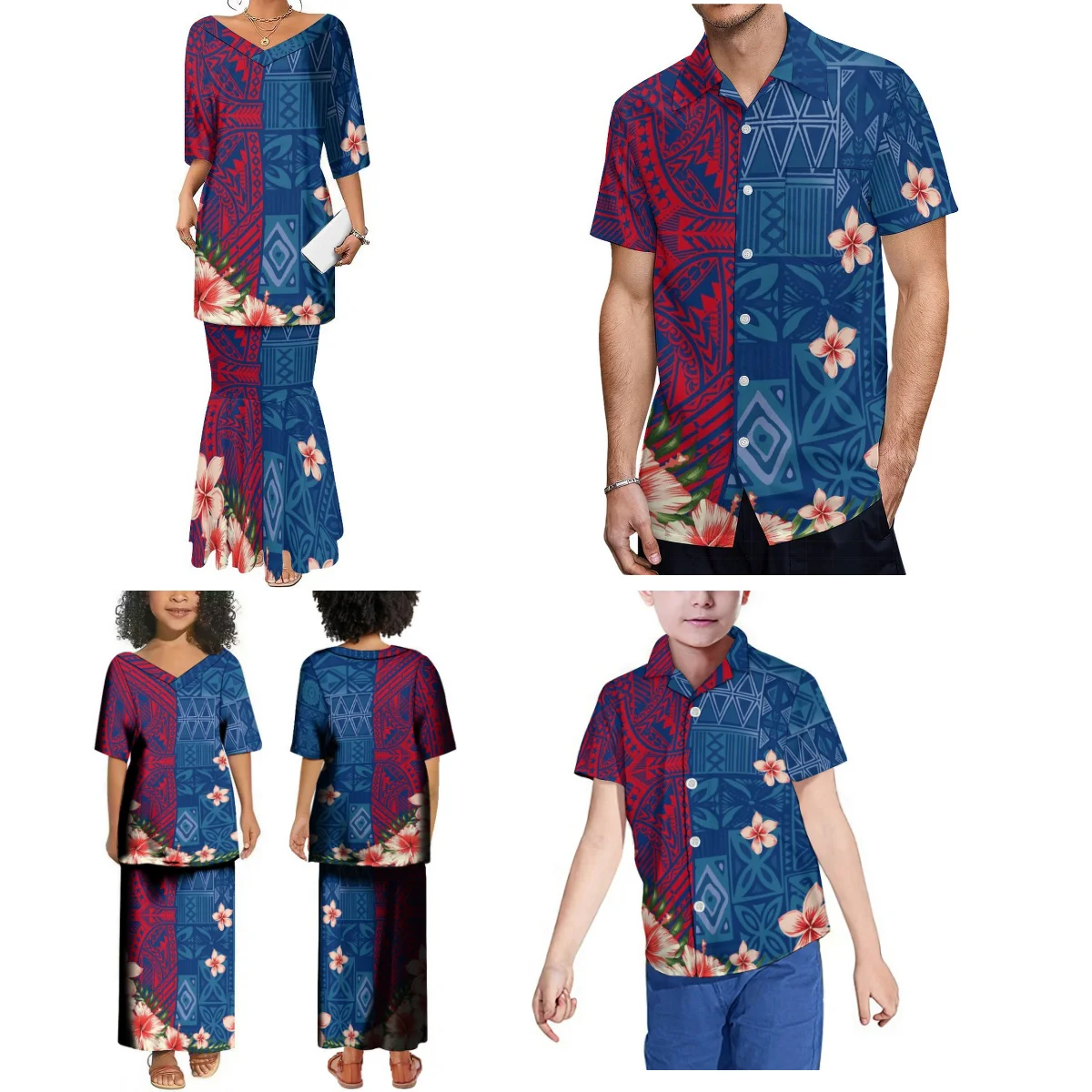 Green Family Set Mother-Daughter Puletasi Dress And Father-Son Shirt Polynesian Samoa Children And Adult Clothes Women Dress