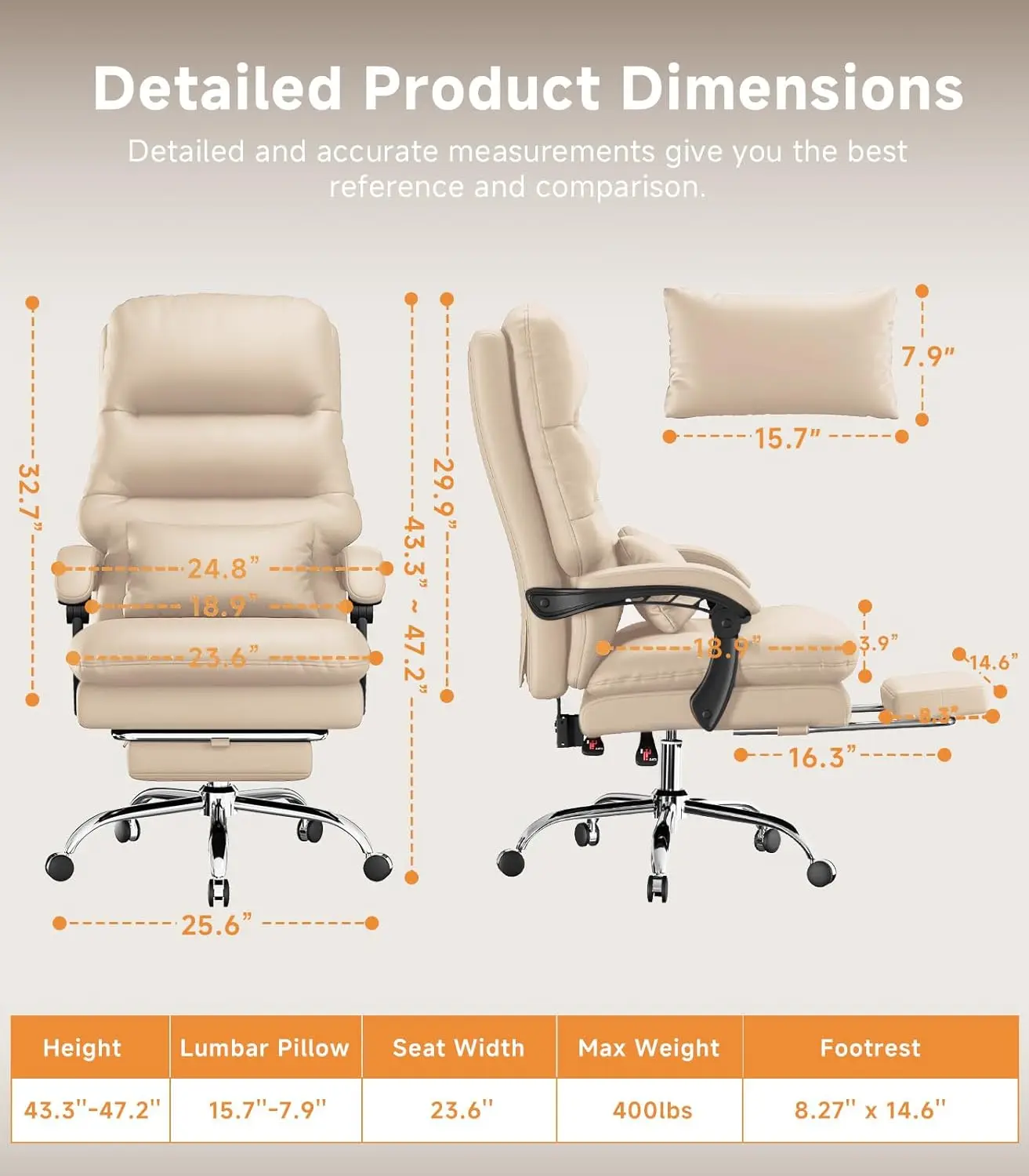 Ergonomic office chair, 400LBS PU leather computer chair, administrative office chair with footrest and lumbar pillow