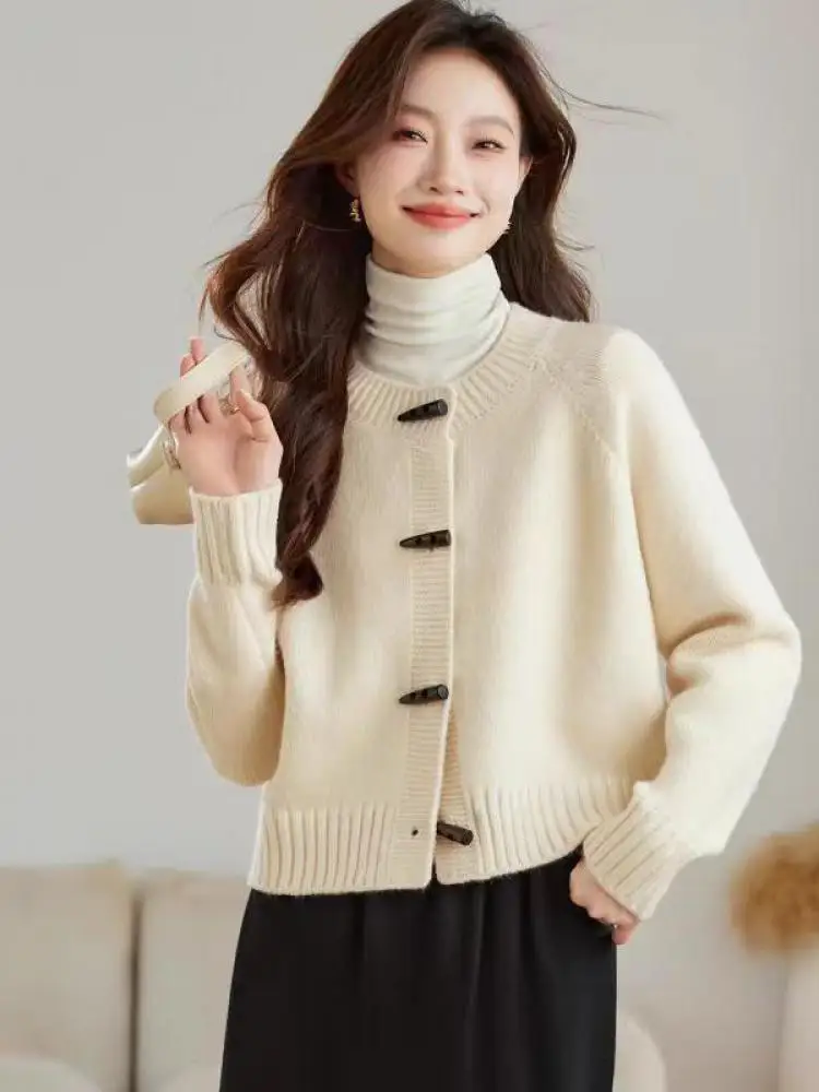 

Осень-зима, новый бежевый, красный женский кардиган с круглым вырезом и длинными рукавами, женский однобортный короткий вязаный топ цвета хаки, простой