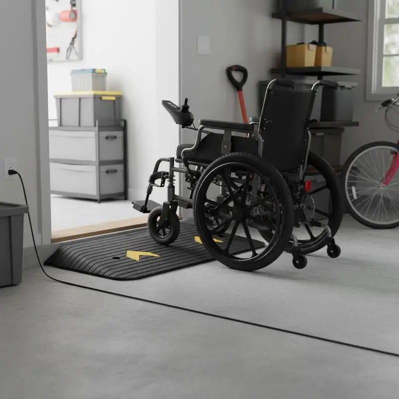 

Free Shipping-Rubber Doorway Bridge 35.4"x18.1"x3" For Wheelchair Scooter Power-Chair, 1 Channel Grooved Bottom Solid Rubber Material 33069 lbs Load Capacity Textured Surface Accessible Entryway Utility Ramp