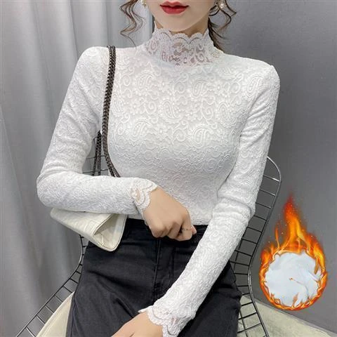Lace Bottoming Shirt Blouse Women's Autumn Winter New Plus Velvet Thickening /thin Semi-high Collar Inner Tshirt Top image 5