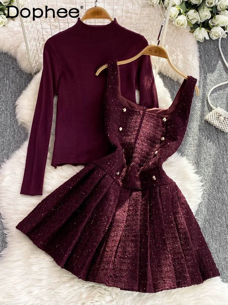 

Commuter Style Woolen Dress and Bottoming Top Two-piece Sets Women Outfits 2025 New Spring Autumn Luxury Short Pleated Dress