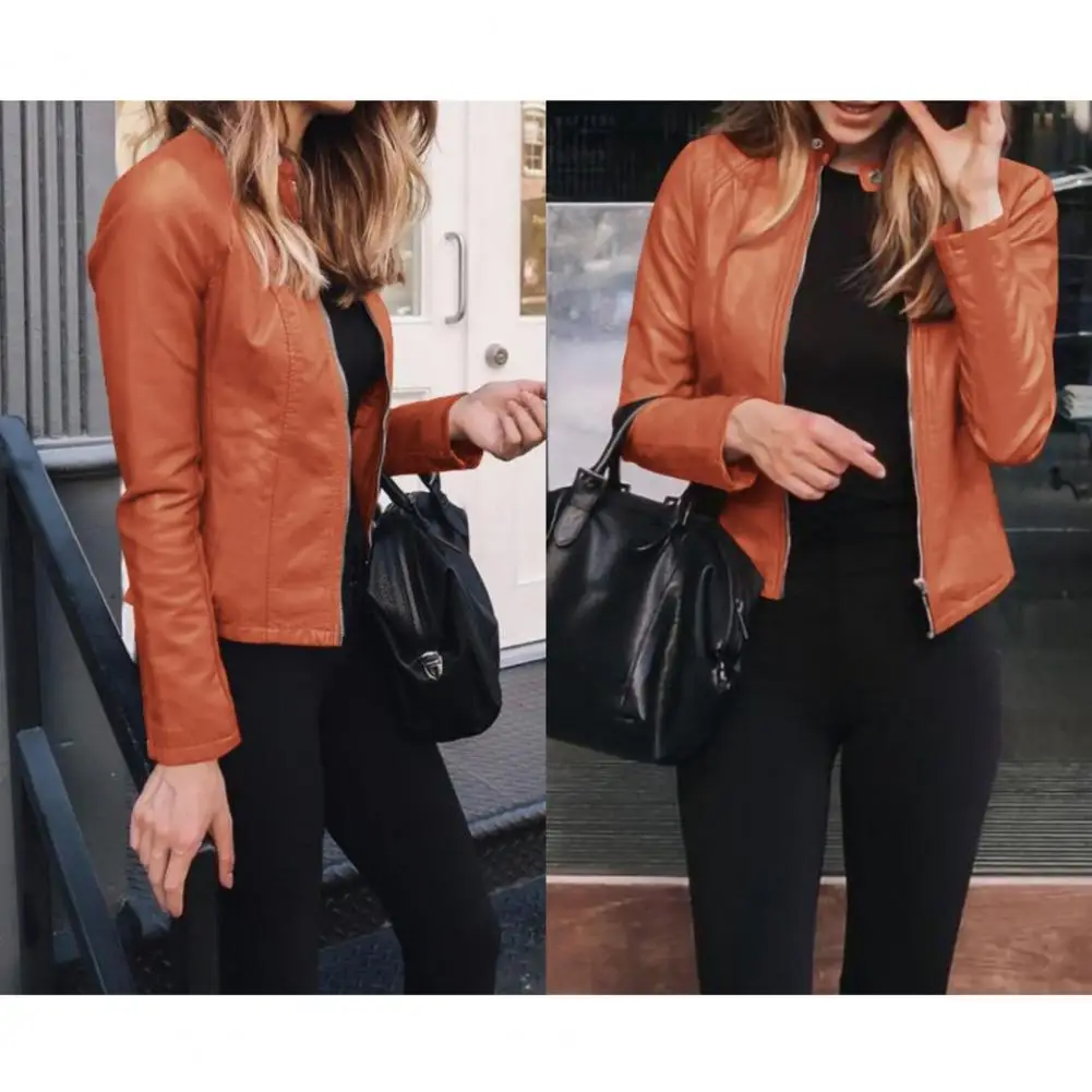 

Waist-cinching Leather Jacket Solid Color Leather Jacket Stylish Women's Flight Jacket Collection Short for Office for Street