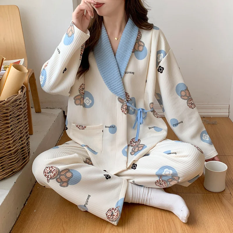 Autumn Winter Thickened Comfortable Air Cotton Postpartum Mother Breastfeeding Maternity Two-piece set Pajamas