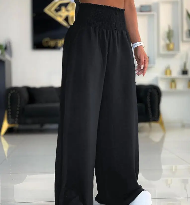 Summer 2023 Women Elastic Waist High Waist Wrap Casual Loose Wide Leg Straight Leg Trousers Ladies Fashion Streetwear Clothes