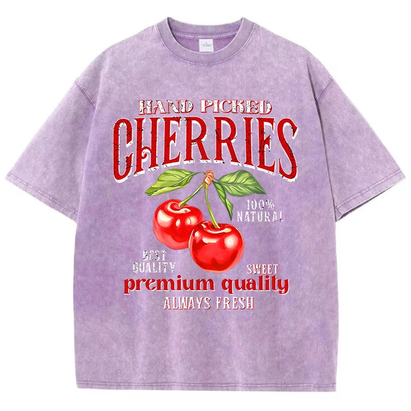 Women Cotton Washed T-Shirts Fashion Loose O-Neck Tops Hand Picked Cherries Printing Short Sleeve Summer Street Female Clothes