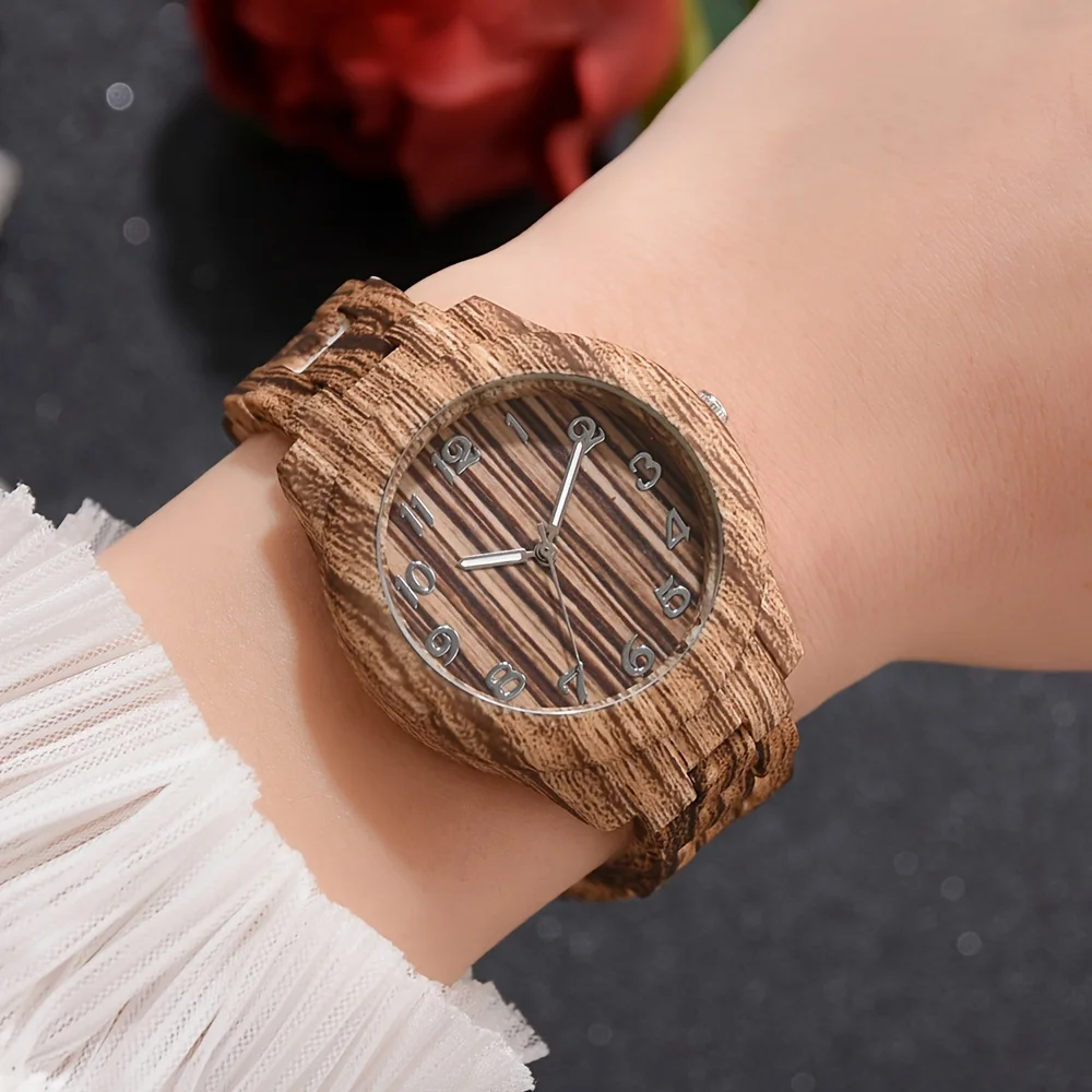 4pcs Casual Fashion Quartz Watch For Women Analog-digital Pointer Gifts With Gifts Set Wood Color Watch Wrist