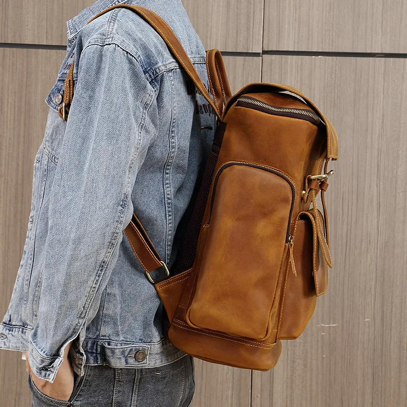 New Premium Men's Vintage 17-inch Laptop Backpack - Full-grain Crazy Horse Leather Travel Bag with Large Capacity