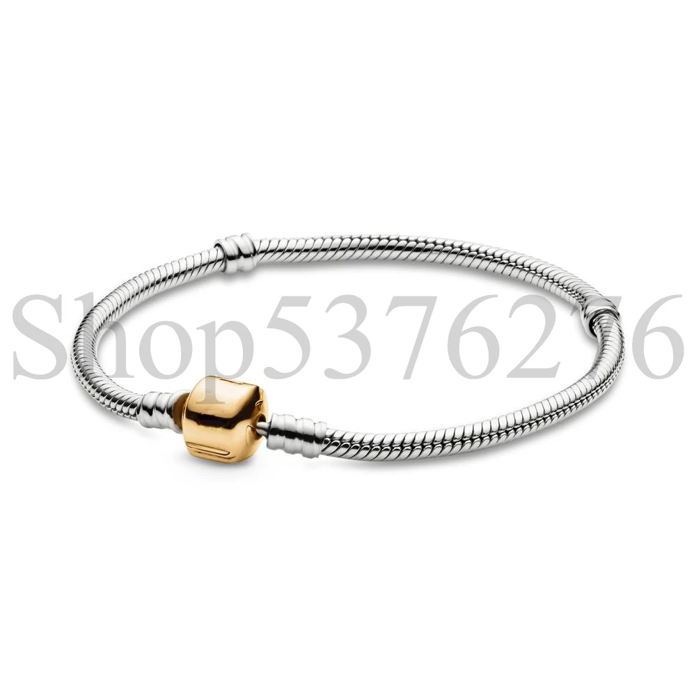 

925 Sterling Silver Moments Sparkling Logo Pavé Barrel Clasp Fashion Snake Chain Bracelet For Women Bead Charm Gift DIY Jewelry