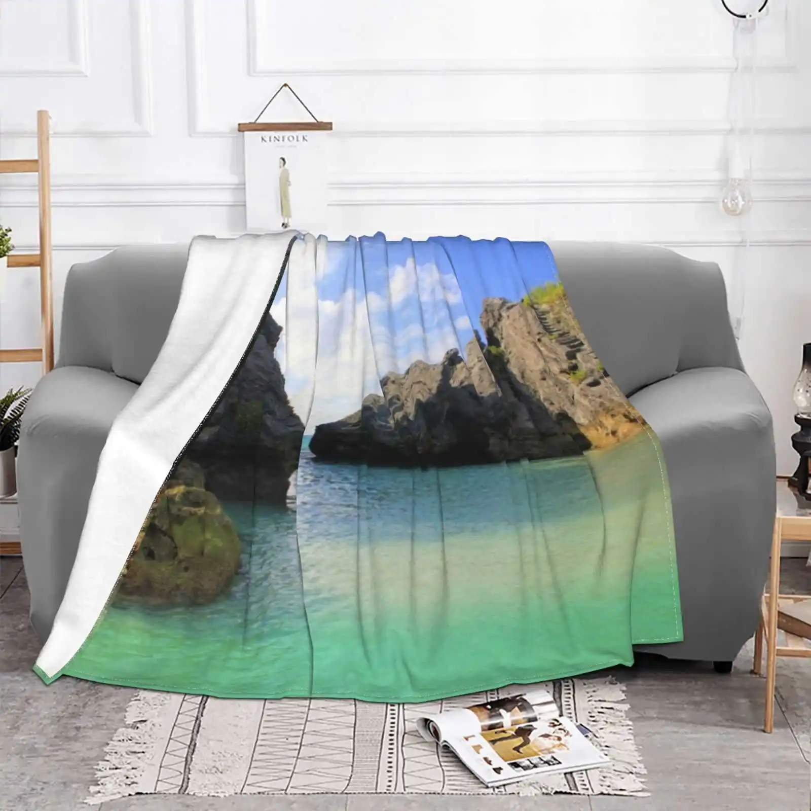 Jobson'S Cove Fashion Soft Warm Flannel Blanket Bermuda Seascape Jobsons Cove Blue Water Serene Serenity Sand Rocks Tropical