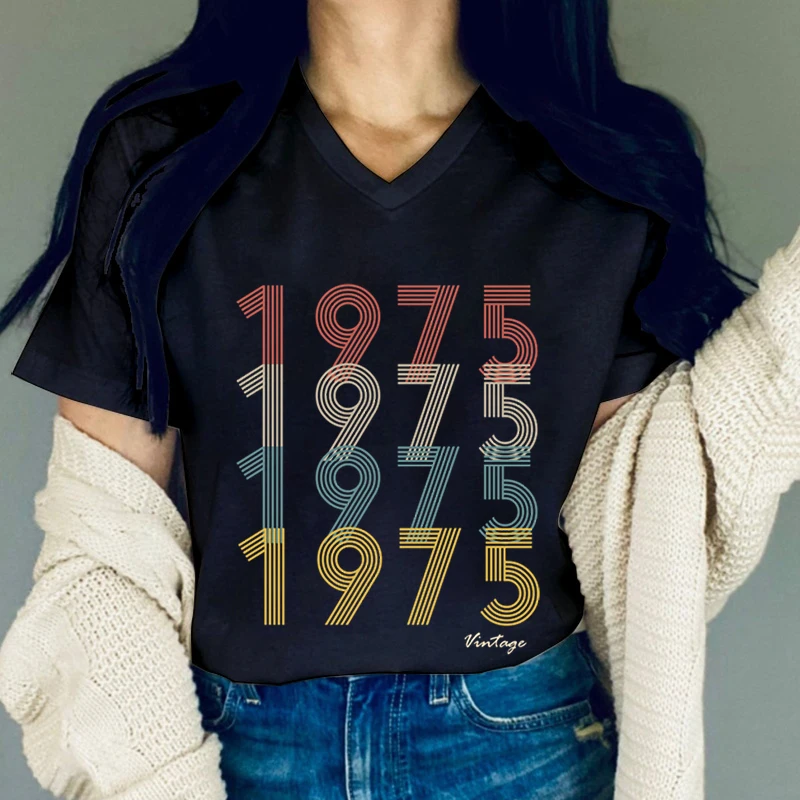 49 Years Old T-Shirt Women's Birthday Gift V-neck Short Sleeve T-shirts Vintage 1975 Classic Tops Women Anniversary T-Shirts