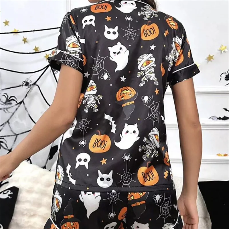 hirigin Women Halloween Pajama Sets Ghost Pumpkin Print Short Sleeve Button Closure Shirts Tops with Shorts Sleepwear Loungewear
