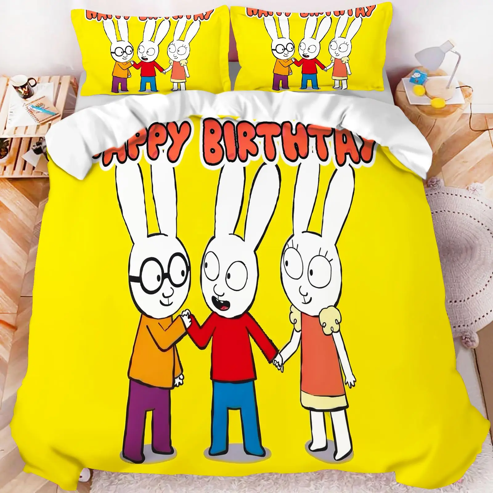 Simon Super Rabbit Bedding Set Happy Birthday Cartoon Duvet Cover Kids Bedroom Decor Bed Linen Quilt Cover Pillowcase
