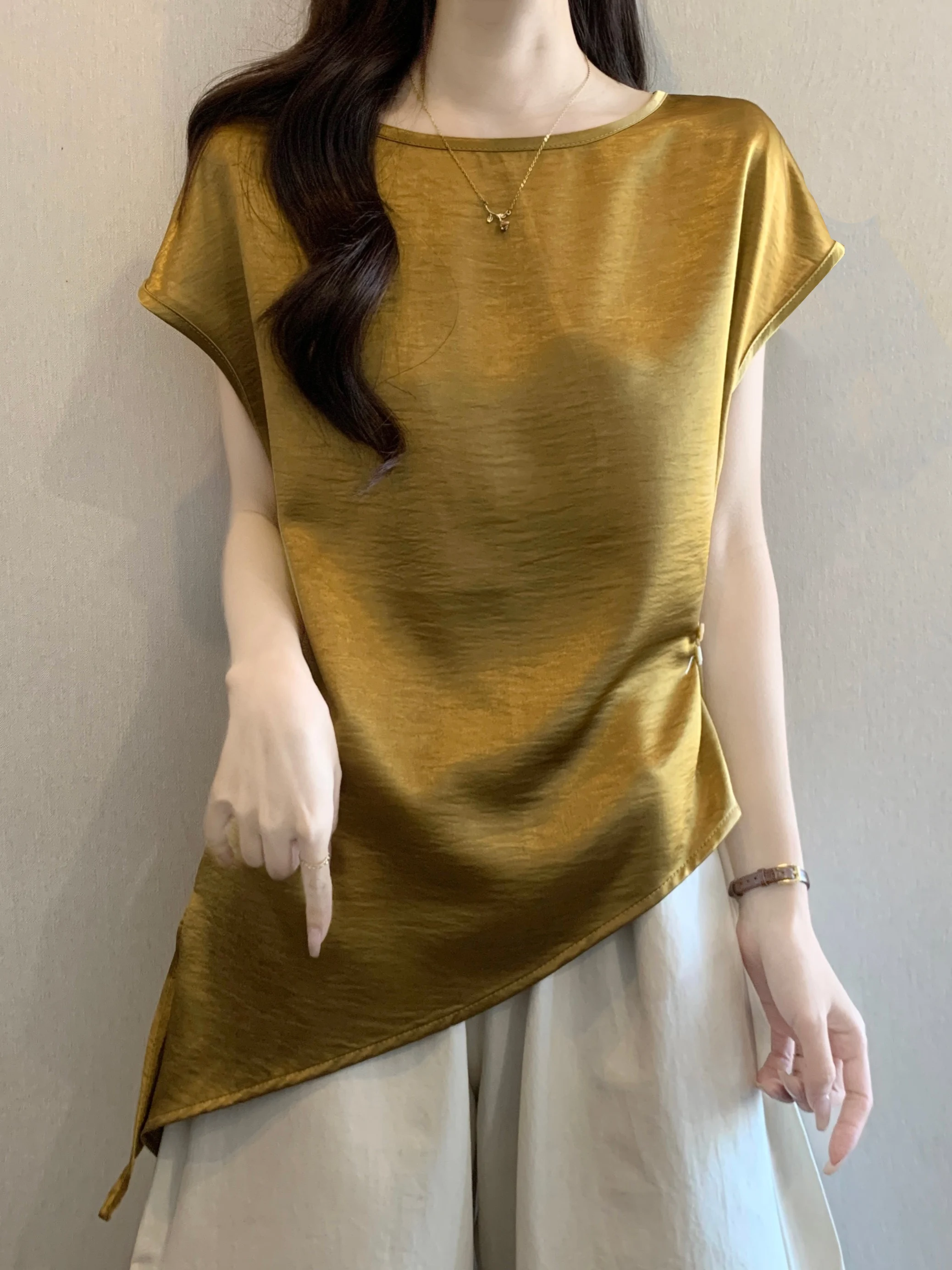 

Elegant Acetate Satin Short Sleeve T-Shirt Women's plus Size Irregular Shoulder Bridesmaid Top Korean Style Summer New Arrival