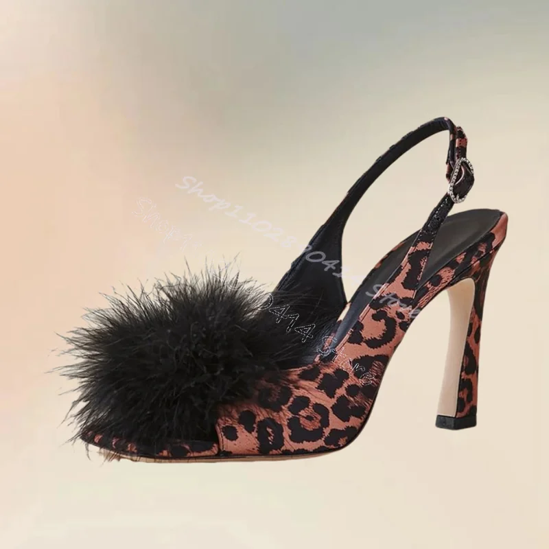 

Black Fur Leopard Print Hollow Cut Heel Sandals Buckle Strap Women Shoes Thin High Heels Party Feast 2024 Zapatos Para Mujere