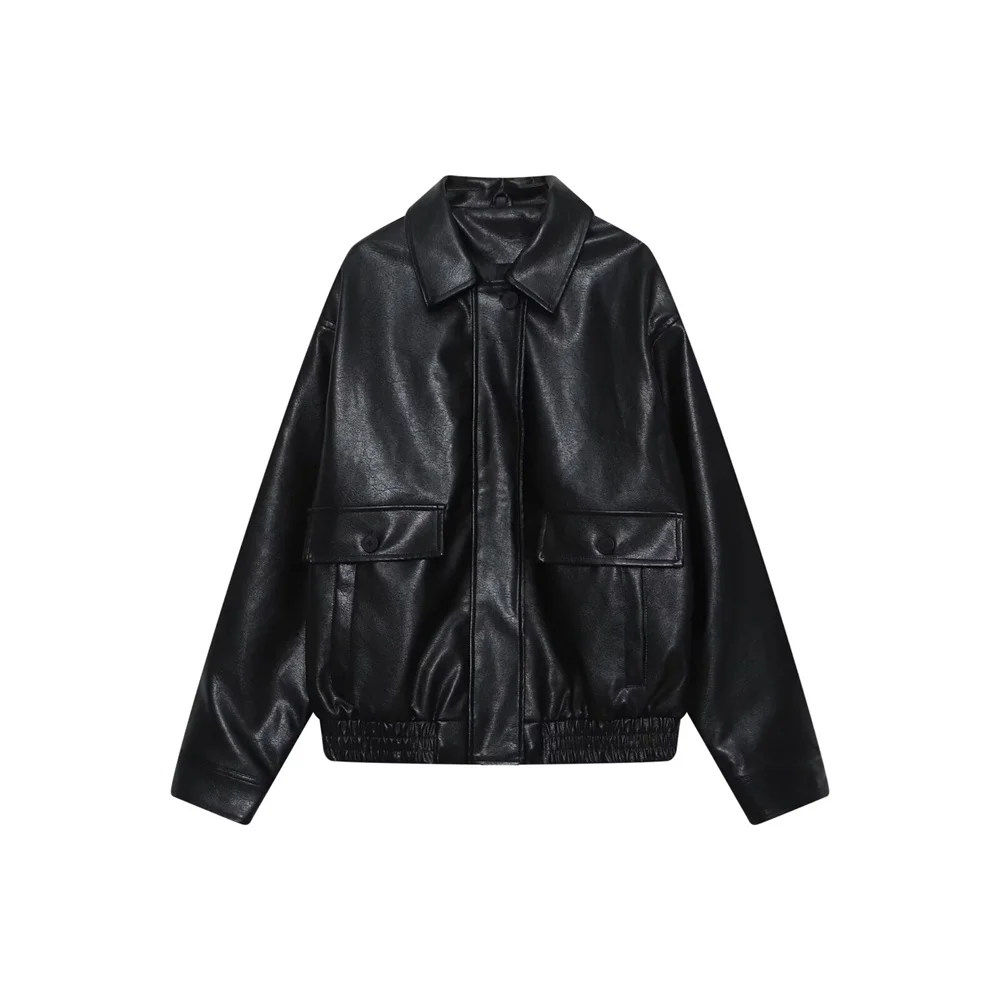 

BMURHMZA New Women's Fashion Collar Long Sleeve Casual Loose Zipper Decoration Imitation Leather Pilot Jacket Short Coat