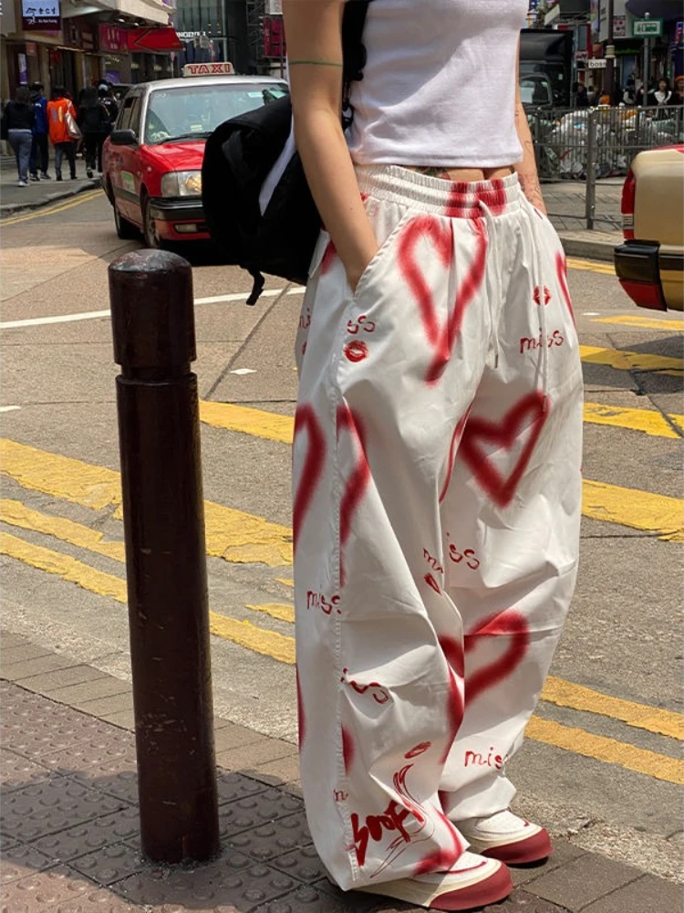 

Deeptown Love Graffiti Print Women Cargo Pants Harajuku Wide Leg American Vintage Trousers Baggy Casual Hip Hoip Streetwear